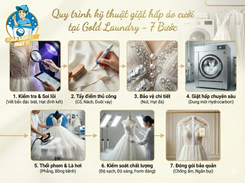 Quy trình giặt hấp áo cưới tại Gold Laudry Quy Nhơn