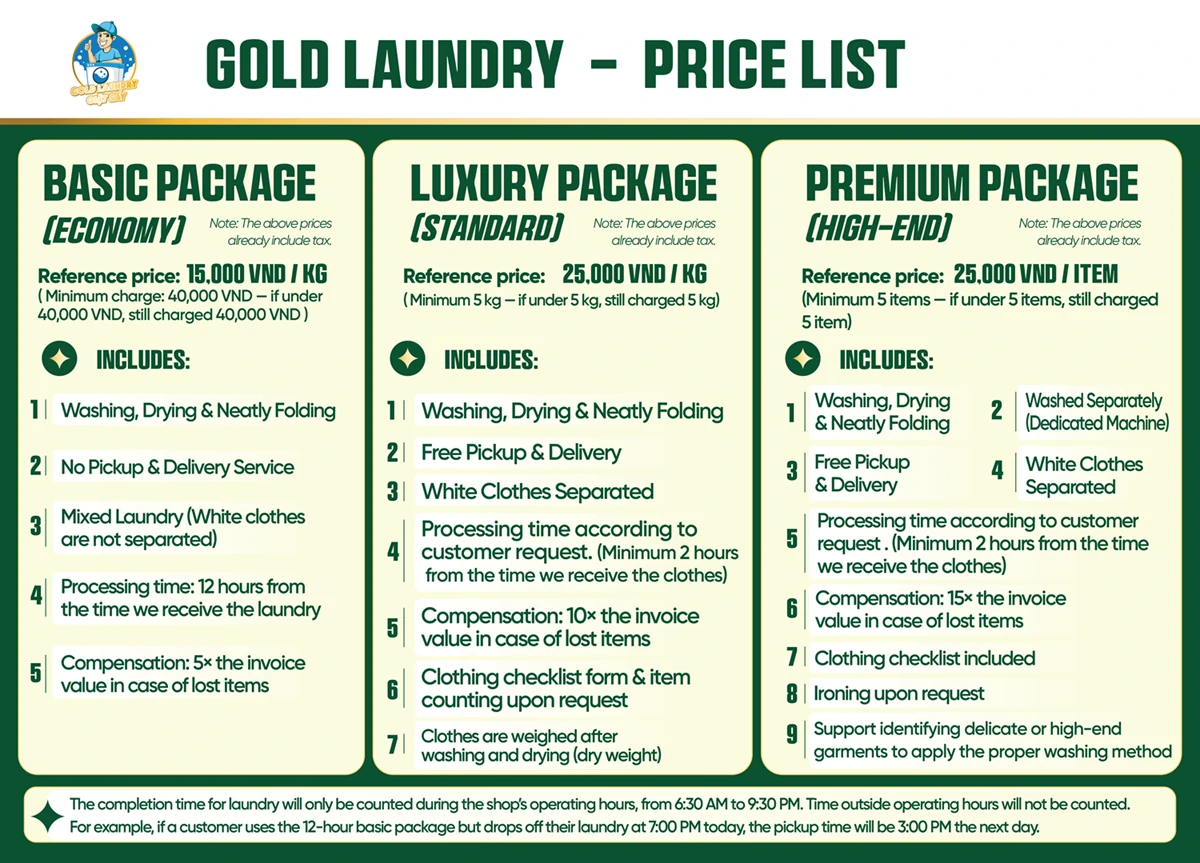 Laundry price list in Quy Nhon