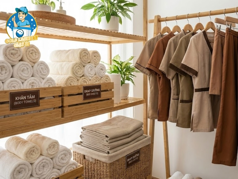 Các loại vật phẩm spa như khăn cuộn tròn, drap trải giường, đồng phục được phân loại rõ ràng